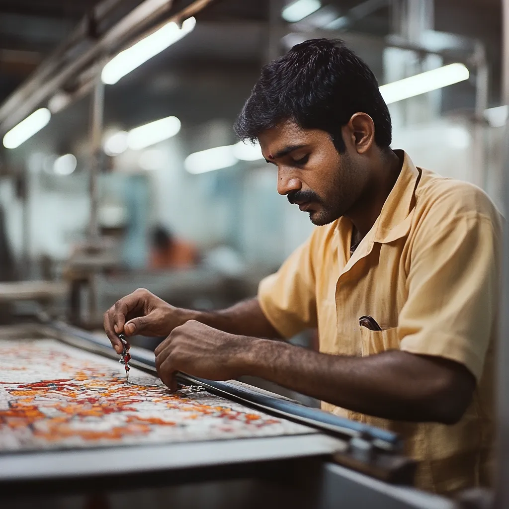 Artisan hand-embroidering on silk fabric