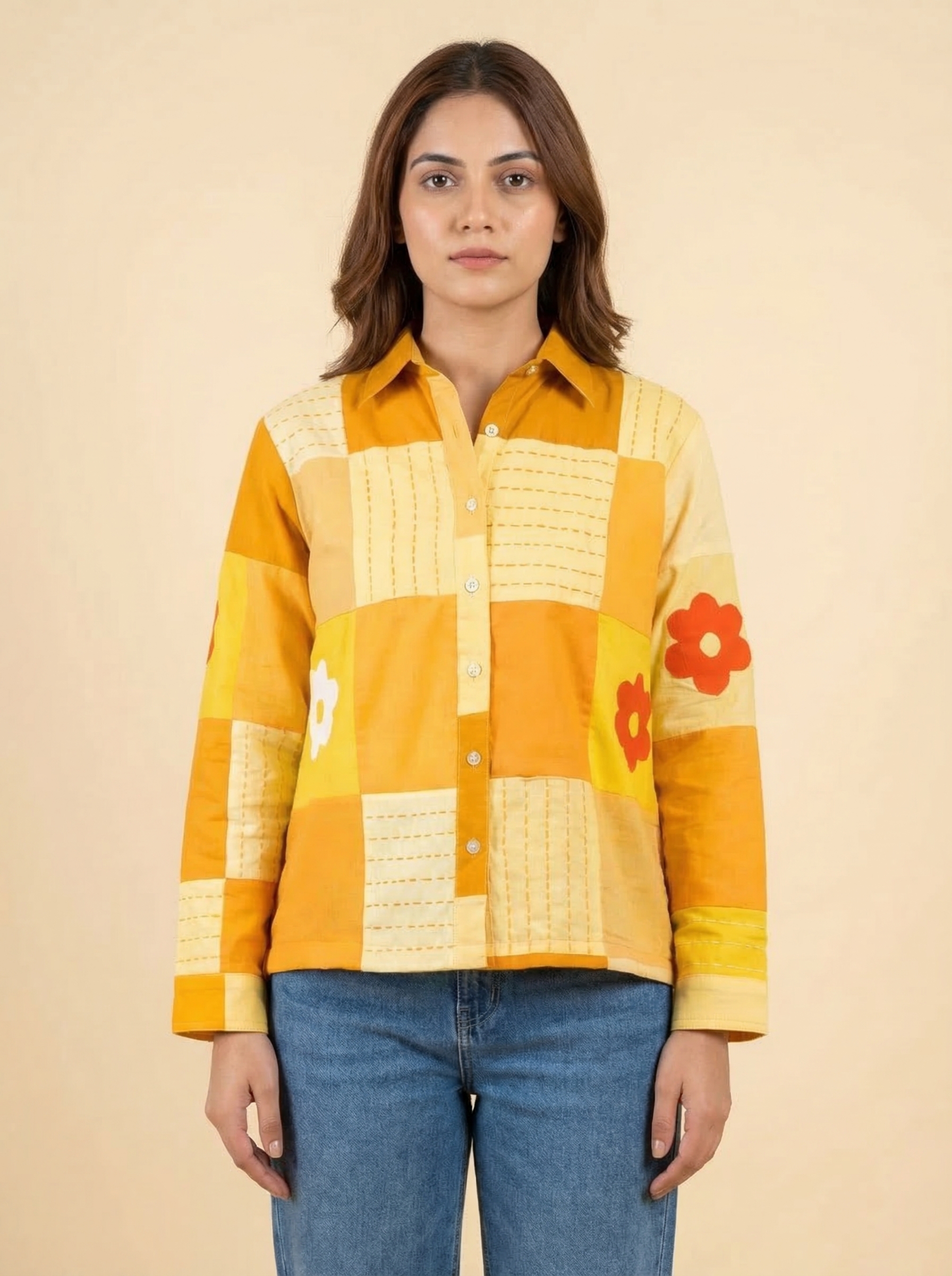 Patchwork Blanket Stitch Shacket Sample