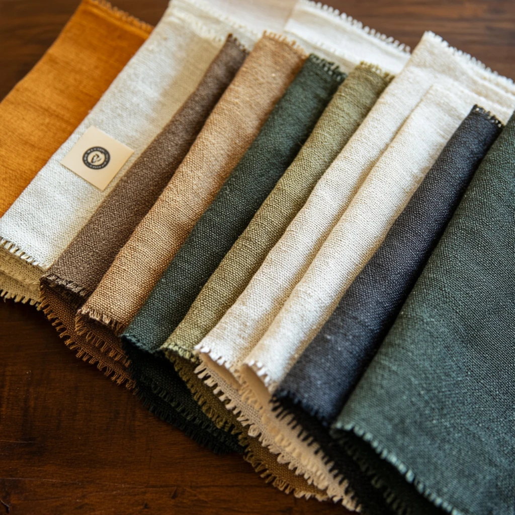 Samples of sustainably sourced cotton and linen fabric swatches.