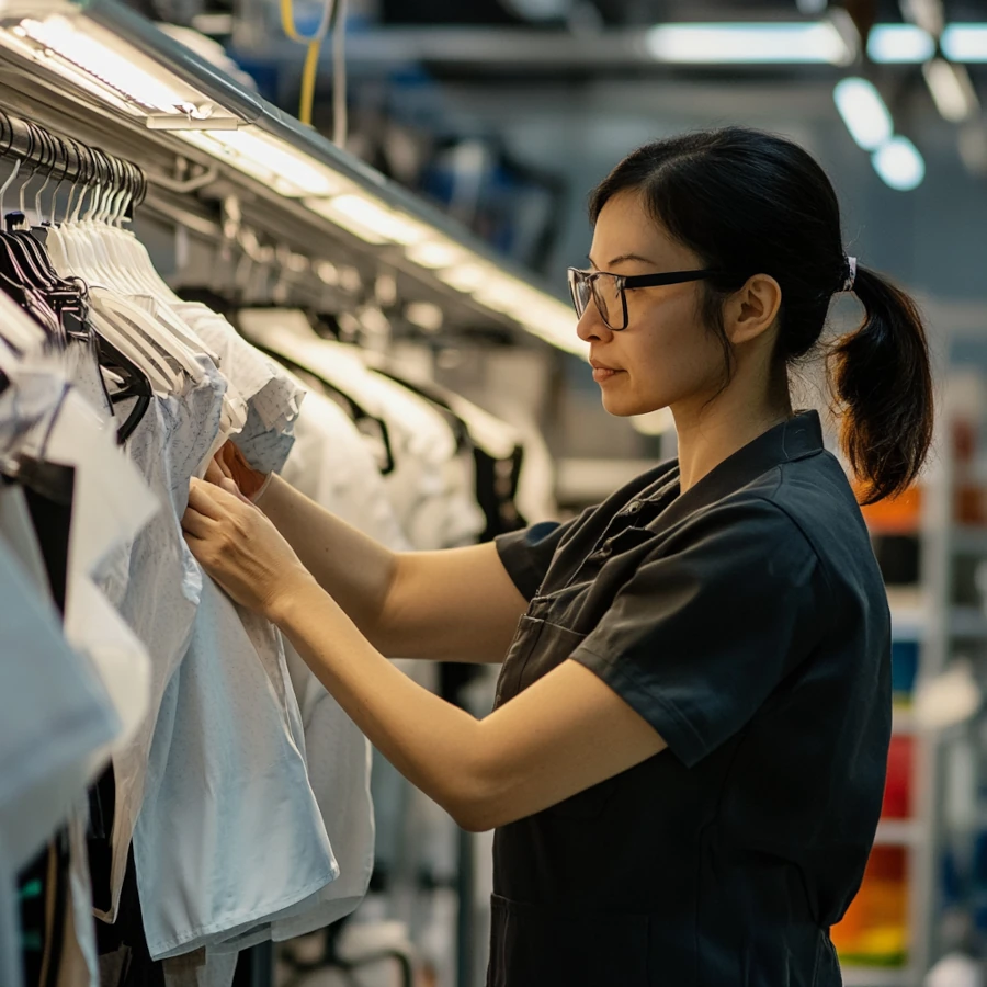 Quality Control Specialist Inspecting Garments on a Rack