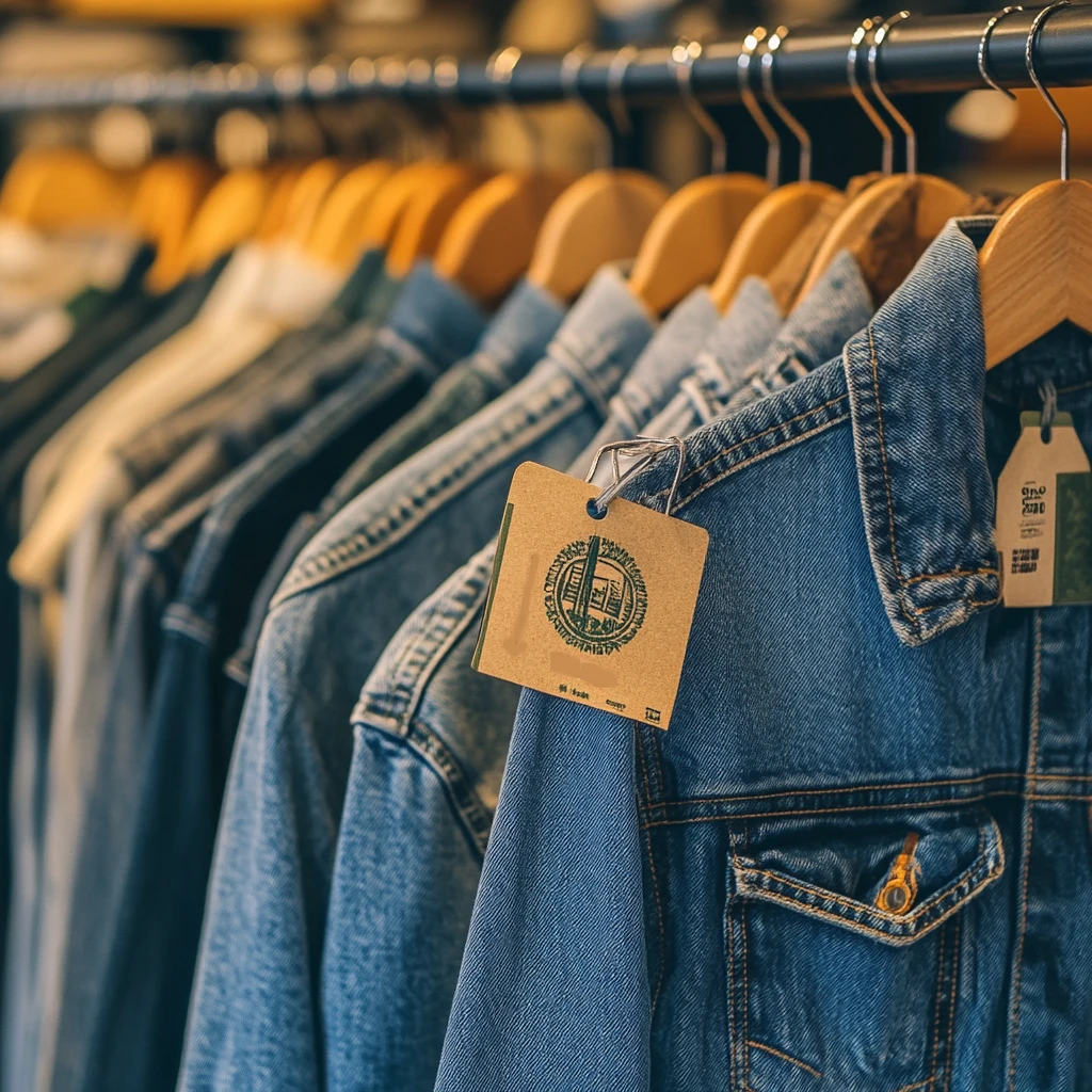 A rack of stylish, eco-friendly denim jackets