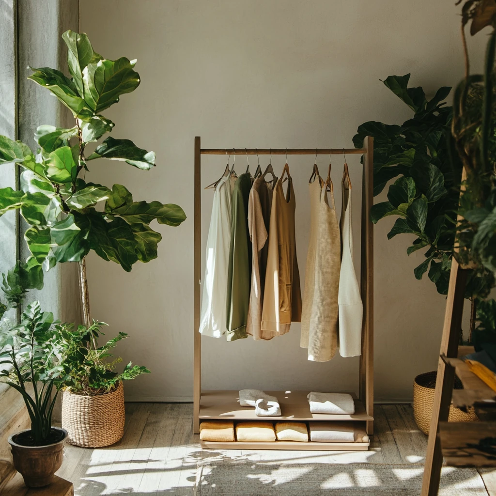 Sustainably manufactured clothing displayed in an eco-friendly environment